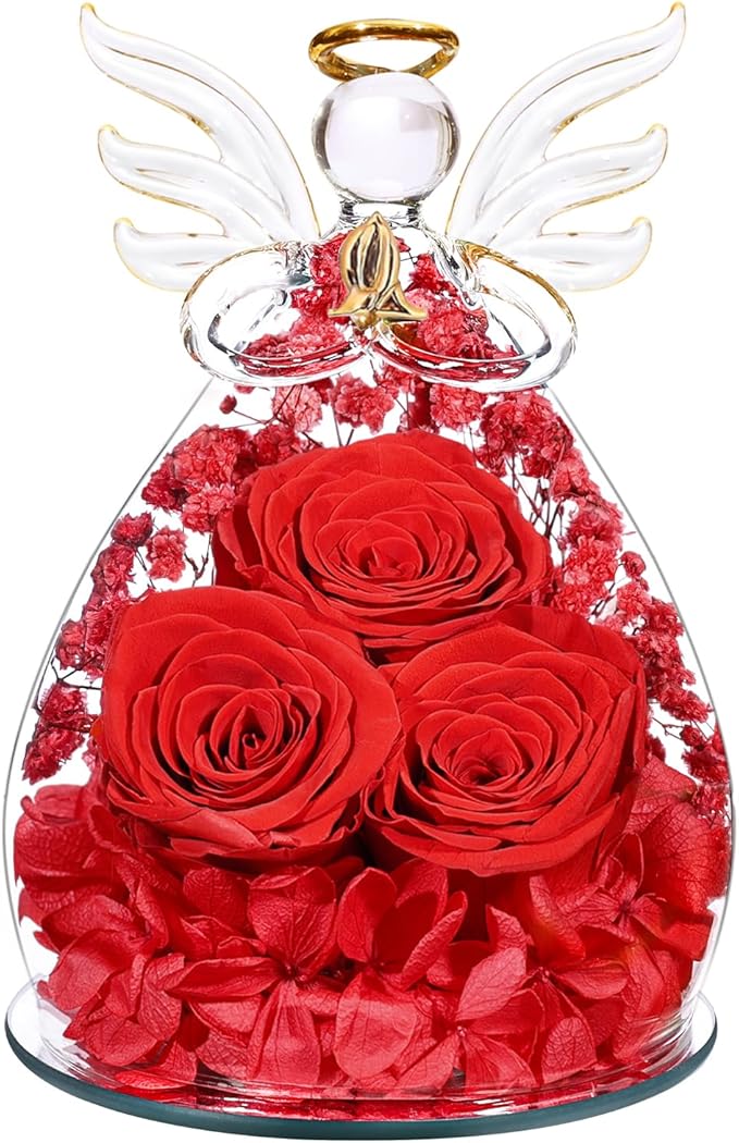 Beferr Valentines Day Rose Gifts for Her Women Mom Gifts for Birthday, Fresh Flowers for Delivery Forever Preserved Rose in Glass Angel Figurine, for Grandma Wife Daughter Girlfriend