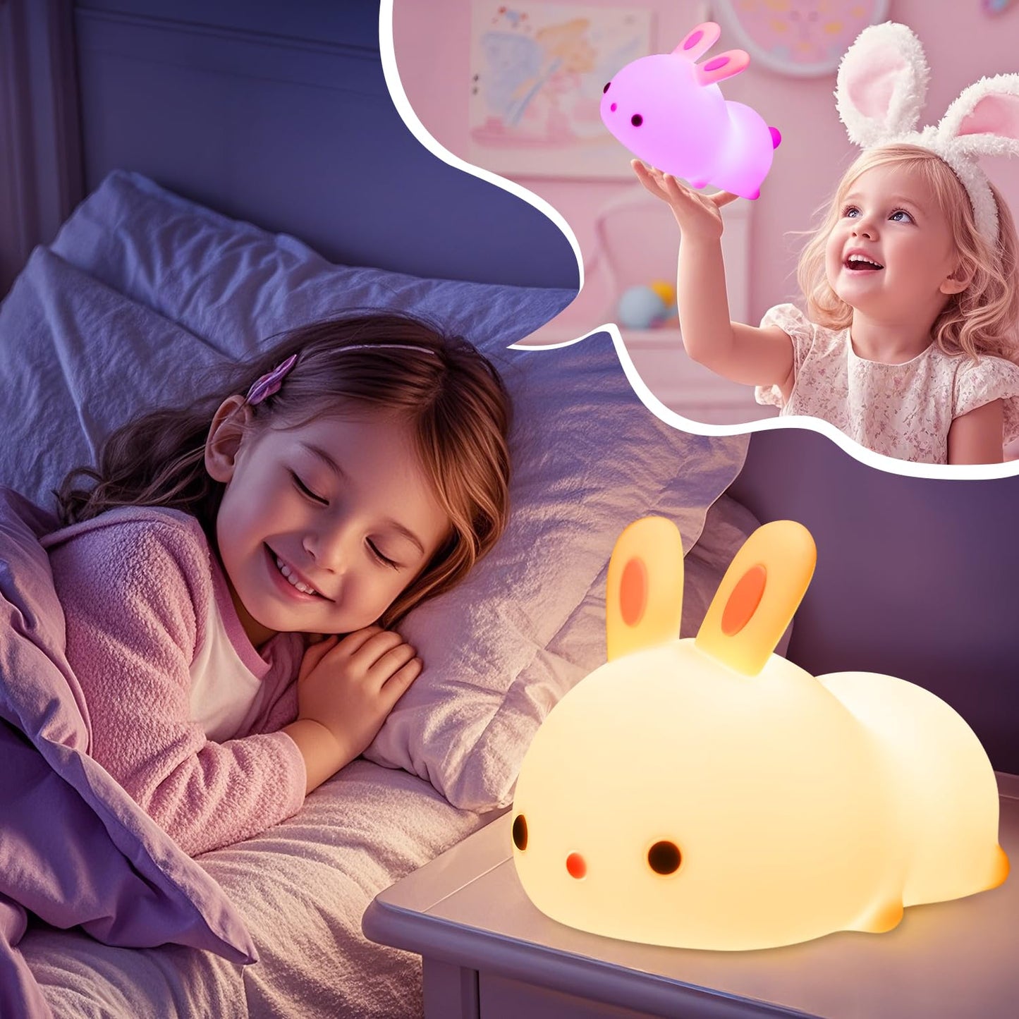 One Fire Bunny Night Light For Kids 16 Colors+ Silicone Soft Toddler Night Light  Dimmable+Rechargeable Nightlight For Kids Room  Easy Tap Control Bunny Lamp  Rabbit Lamp  Cute Stuff  Gifts For Girls
