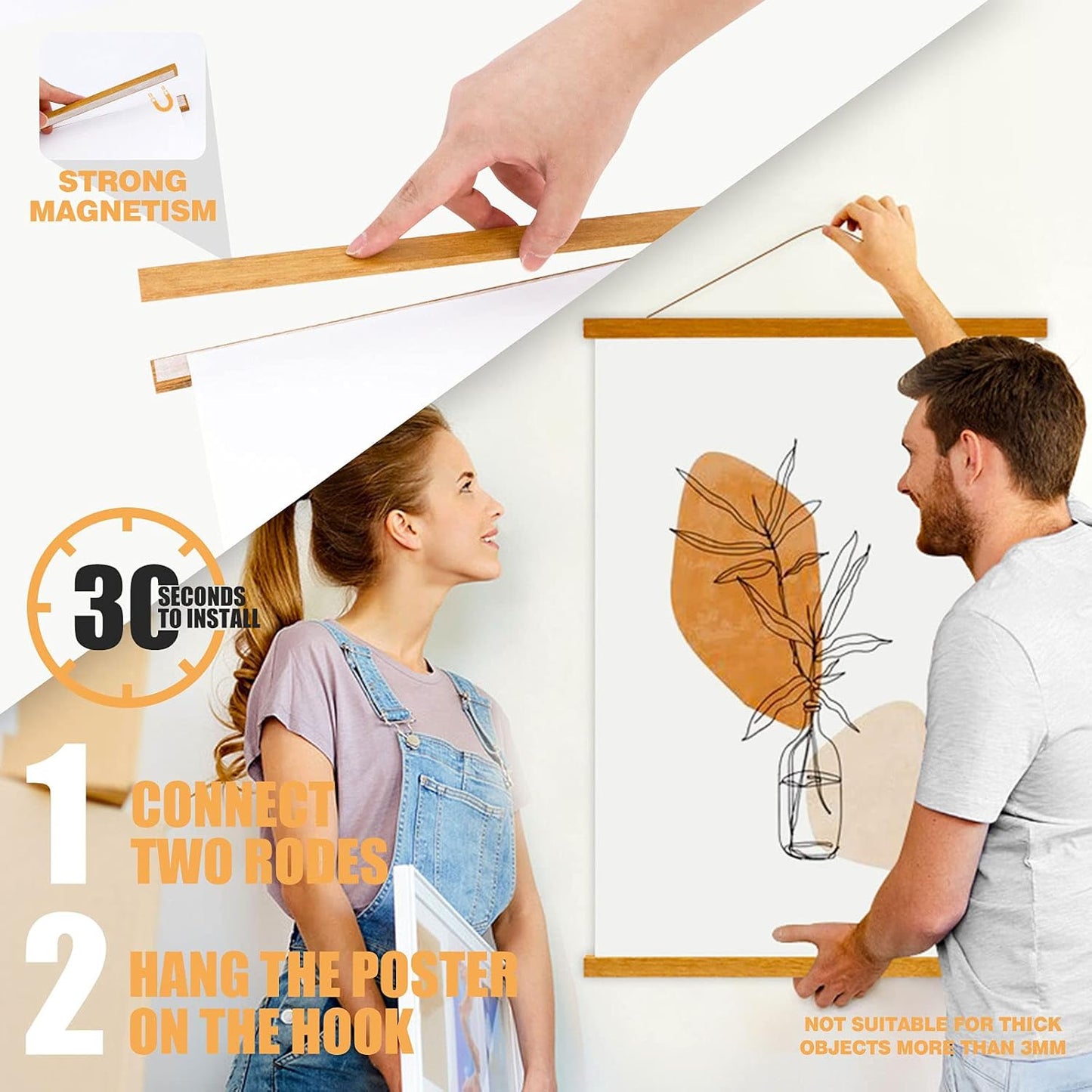 Ywlake Magnetic Poster Hanger, 26x30 26x36 26x19 Frame Wood Wooden Magnet Print Posters Dowel Scroll Hanging Kit for Walls Map Canvas Artwork (Teak Wood, 26")
