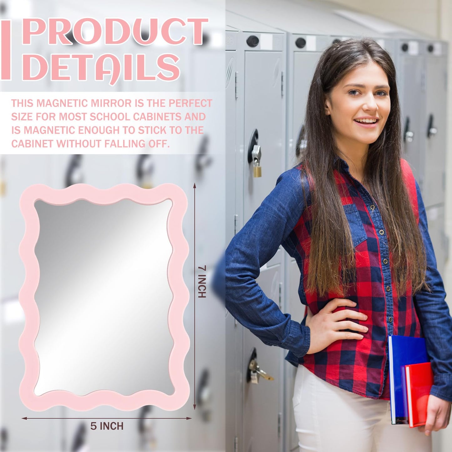 Leinuosen Scalloped Magnetic Locker Mirror 5''x7'' Small Real Glass Makeup Mirror with Magnetic Backing Cute Locker Decorations