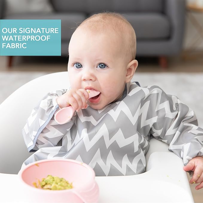Bumkins Sleeved Bib, Waterproof Fabric, Gray Chevron, 2-pack