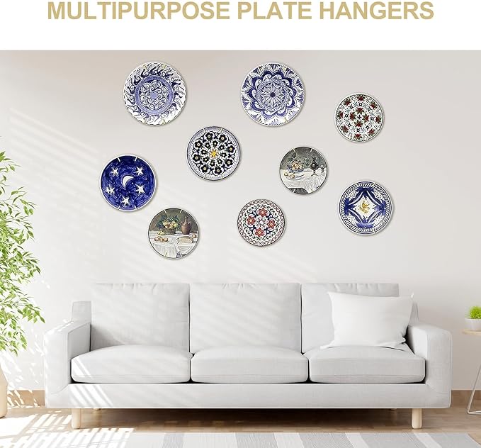 Bilillo 12-Piece Stainless Steel Wall Plate Hangers, 6/8/10 Inch Invisible Decorative Wire Plate Holders with 12 Pieces Wall Hooks for 5.5 to 10.5 Inch (Silver)