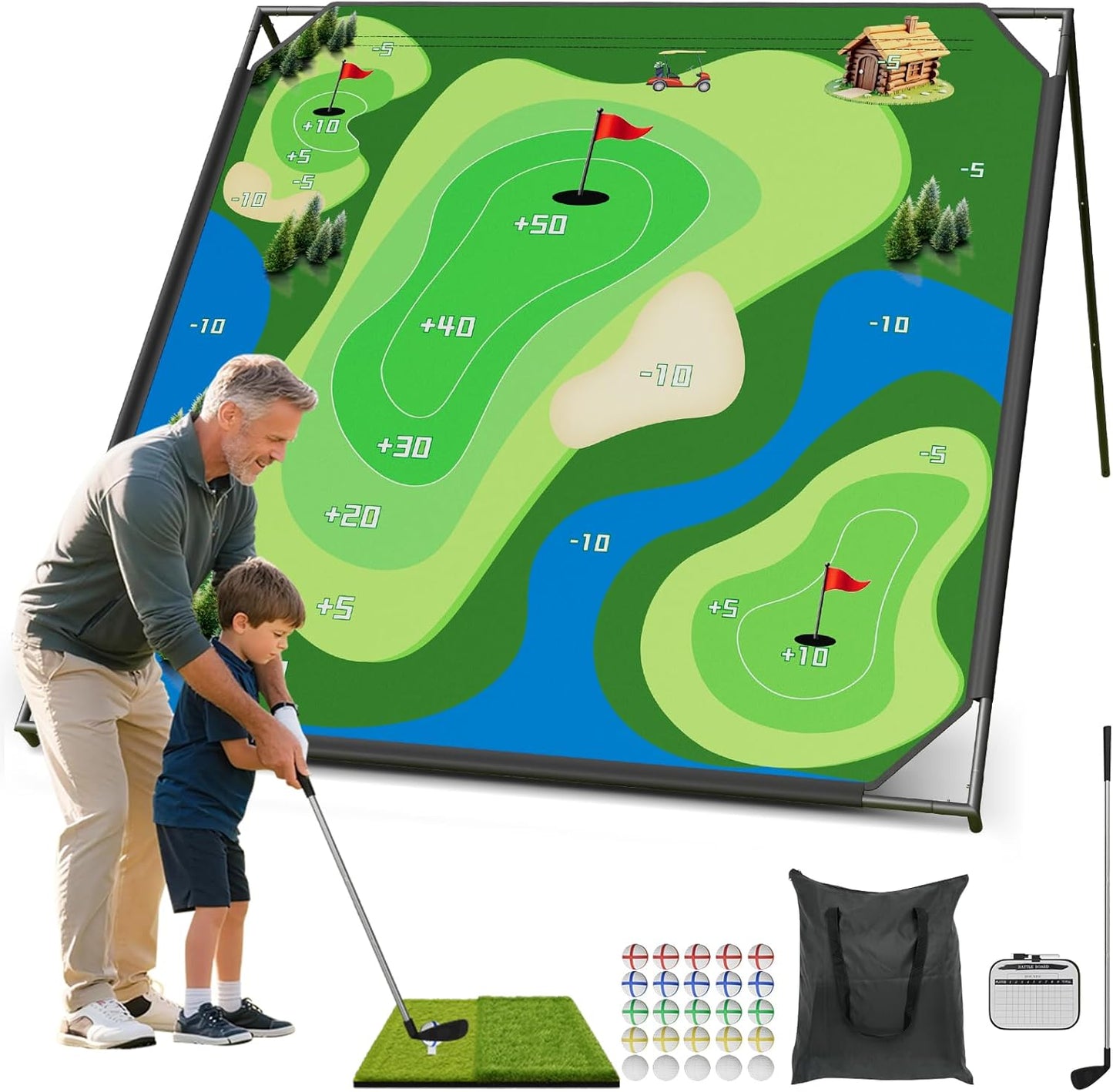 DoCred Battle Royale Golf Chipping Game with 59”x59” Large Chipping Mat, 2 Golf Clubs, 25 Sticky Balls, Outdoor Indoor Sports Training Toy Gift for Adults, Family Yard Target Game