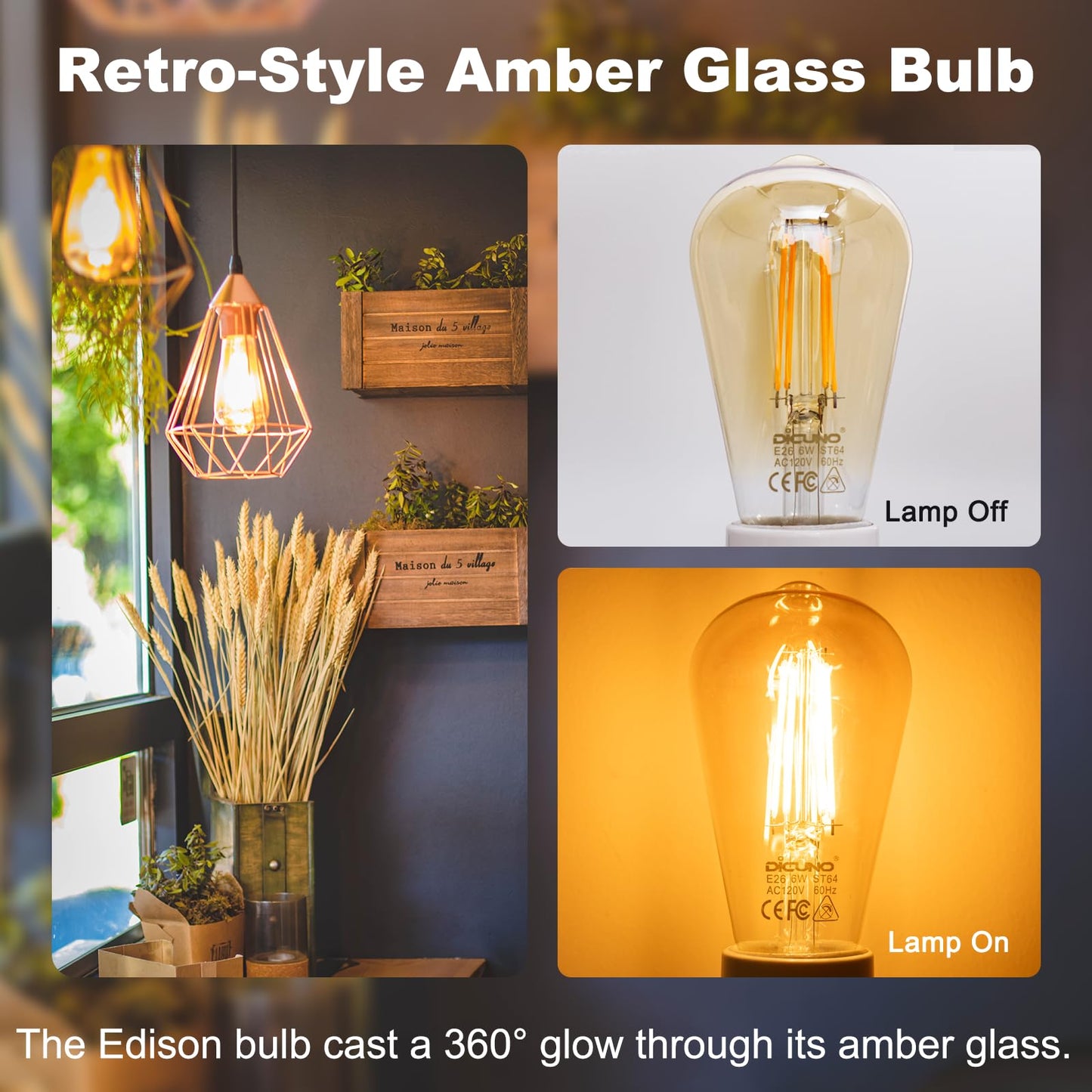 DiCUNO E26 Edison Bulbs 60W, 2200K Amber Warm, 6W LED Edison Bulb ST64, Amber Glass, Vintage LED Light for Home, 600LM, Non-Dimmable, CRI 80, Pack of 2
