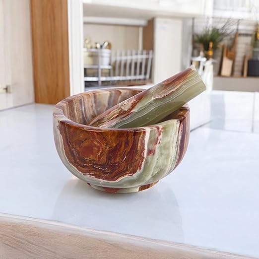 Exquisite Marble Mortar and Pestle Set - Your Ultimate Kitchen Essential for Grinding Spices, Making Guacamole, Salsa, Pesto, and Crushing Pills (Onyx Green, Bowl Shape (5"))