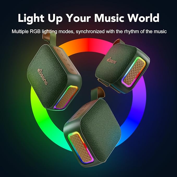 Portable Bluetooth Speaker Waterproof Gift: IPX5 HD Sound Up to 24H Playtime, TWS Pairing, Wireless Speakers with Lights, Travel Essentials Birthday Gifts for Men Women Boys Girls-Dark Green