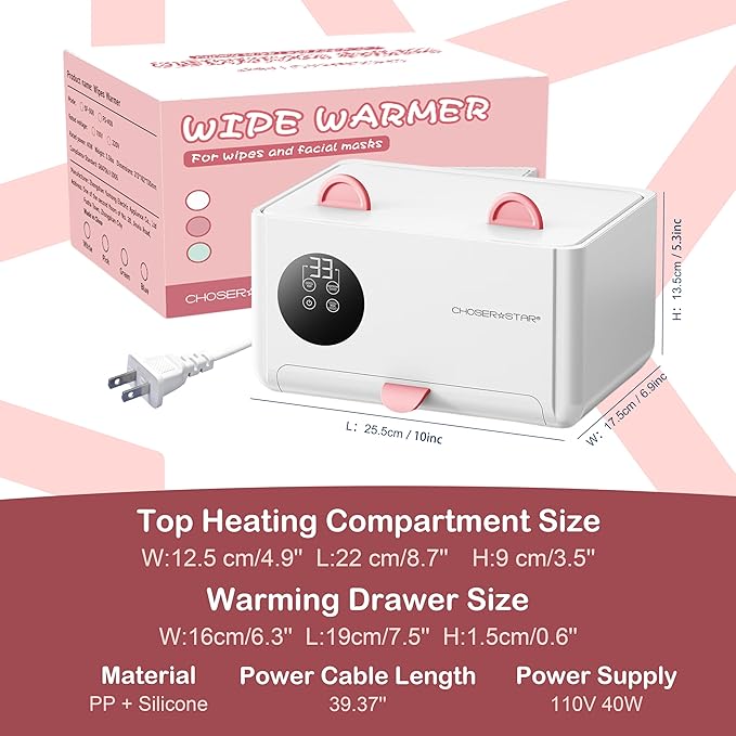 Wipe Warmer for Baby – Cat Ear Baby Wipe Warmer – Dual Layer with Face Mask Heating, 4 Temperature Settings, Upper & Lower Zone Control, Large Capacity, Constant Warmth for Newborn Night Care