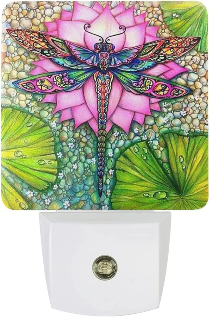 Dragonfly Night Light Plug In Led Lamp Night Lights For Bedroom Lotus Nightlight Decor For Kids Room Hallway Stairs Dimmable With Auto Sensor Adjustable Brightness Auto On/Off Dragonfly Gift For Women