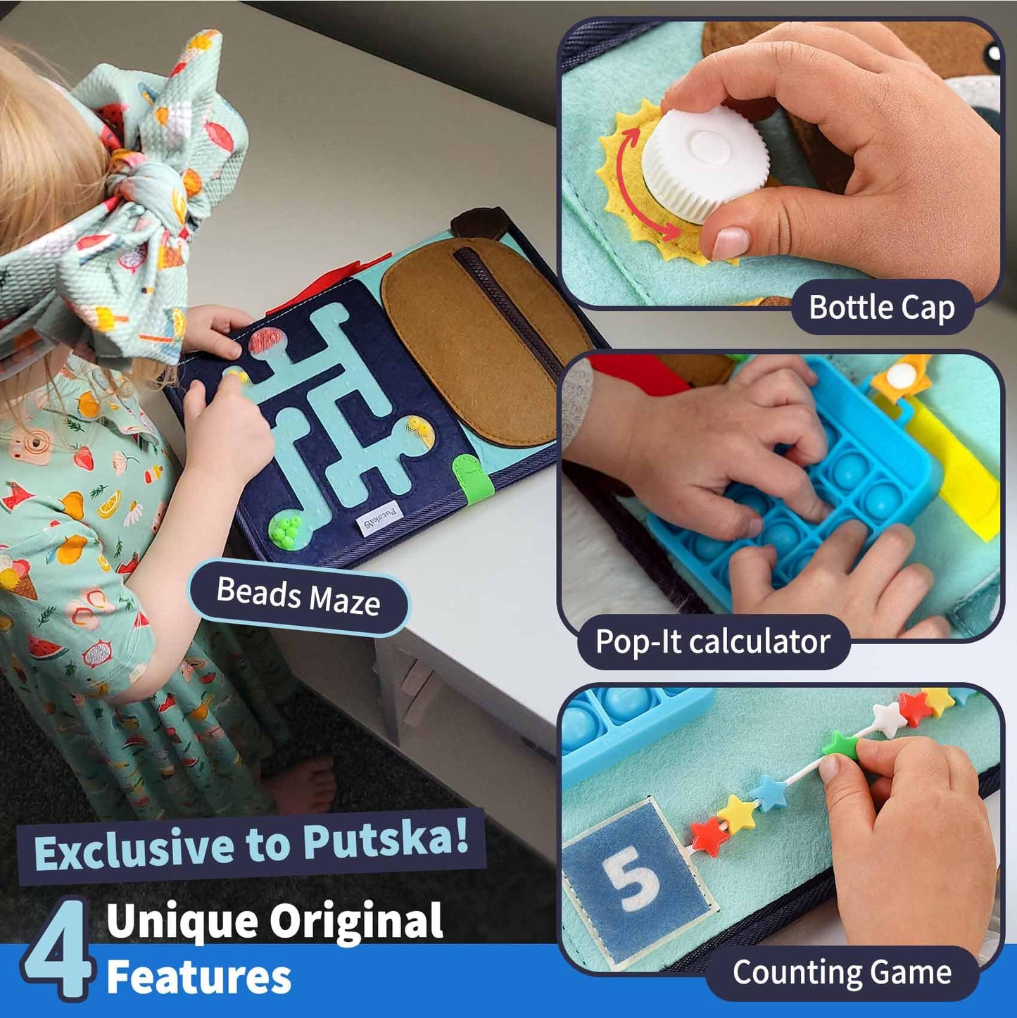 PUTSKA Busy Board Montessori Toys, Busy Book for Toddlers 3+ Years, Sensory Toys, Educational Learning Activities for Learning Fine Motor Skills, Kids Travel Essentials, Gifts for Girls Boys