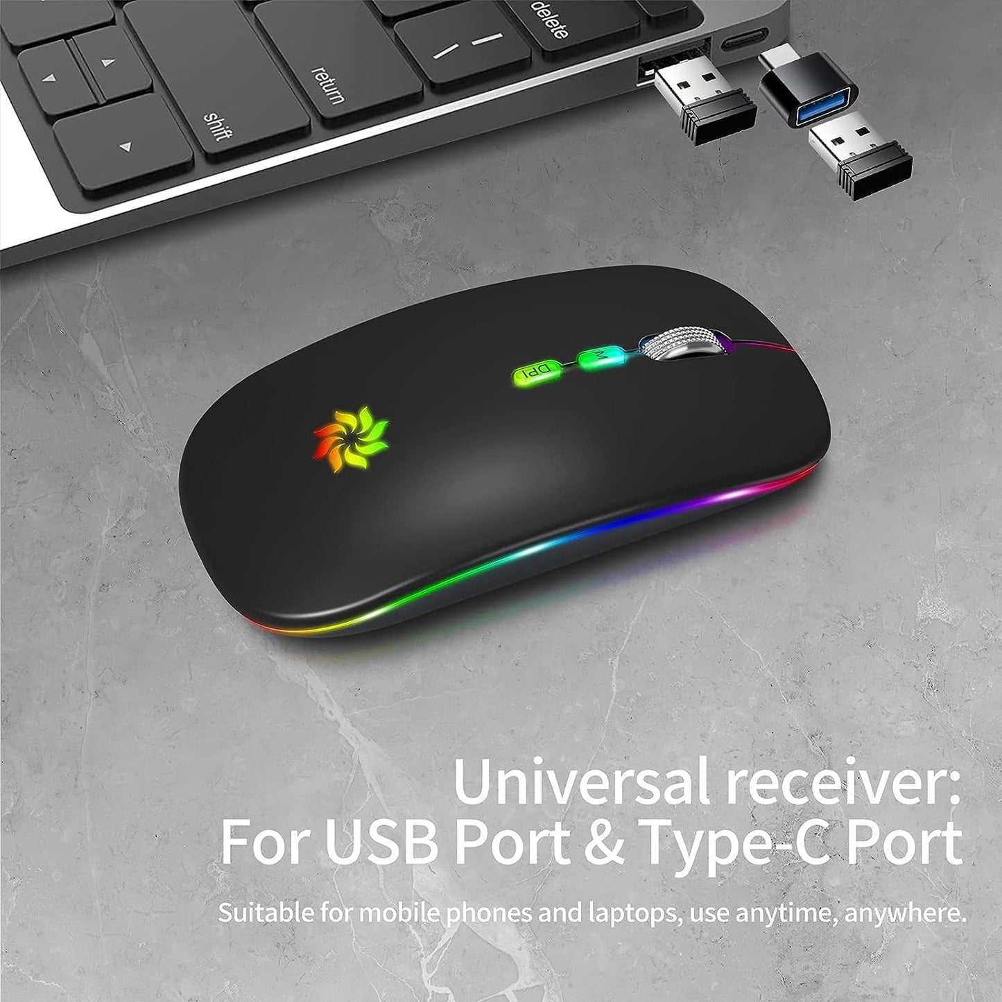 KBCASE Wireless Mouse, LED Wireless Mouse for Laptop, Slim Silent Mouse 2.4G Rechargeable Wireless Computer Mouse for Laptop, MacBook, iPad, Chromebook, with USB & Type-c Receiver