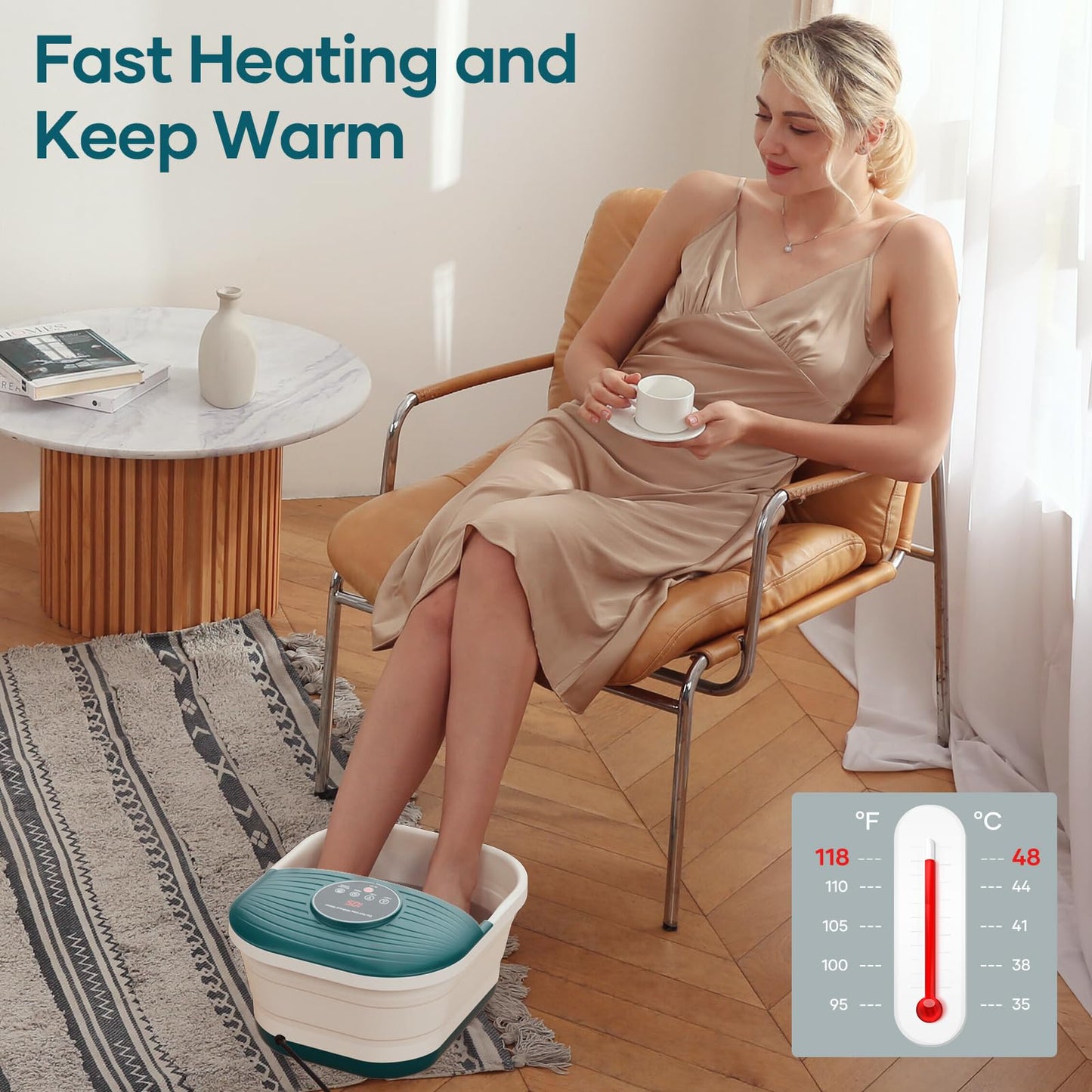 Collapsible Foot Spa Bath Massager with Heat, Bubble and Timer, 95-118? Adjustable Temperature Fast Heating with Pedicure Stone