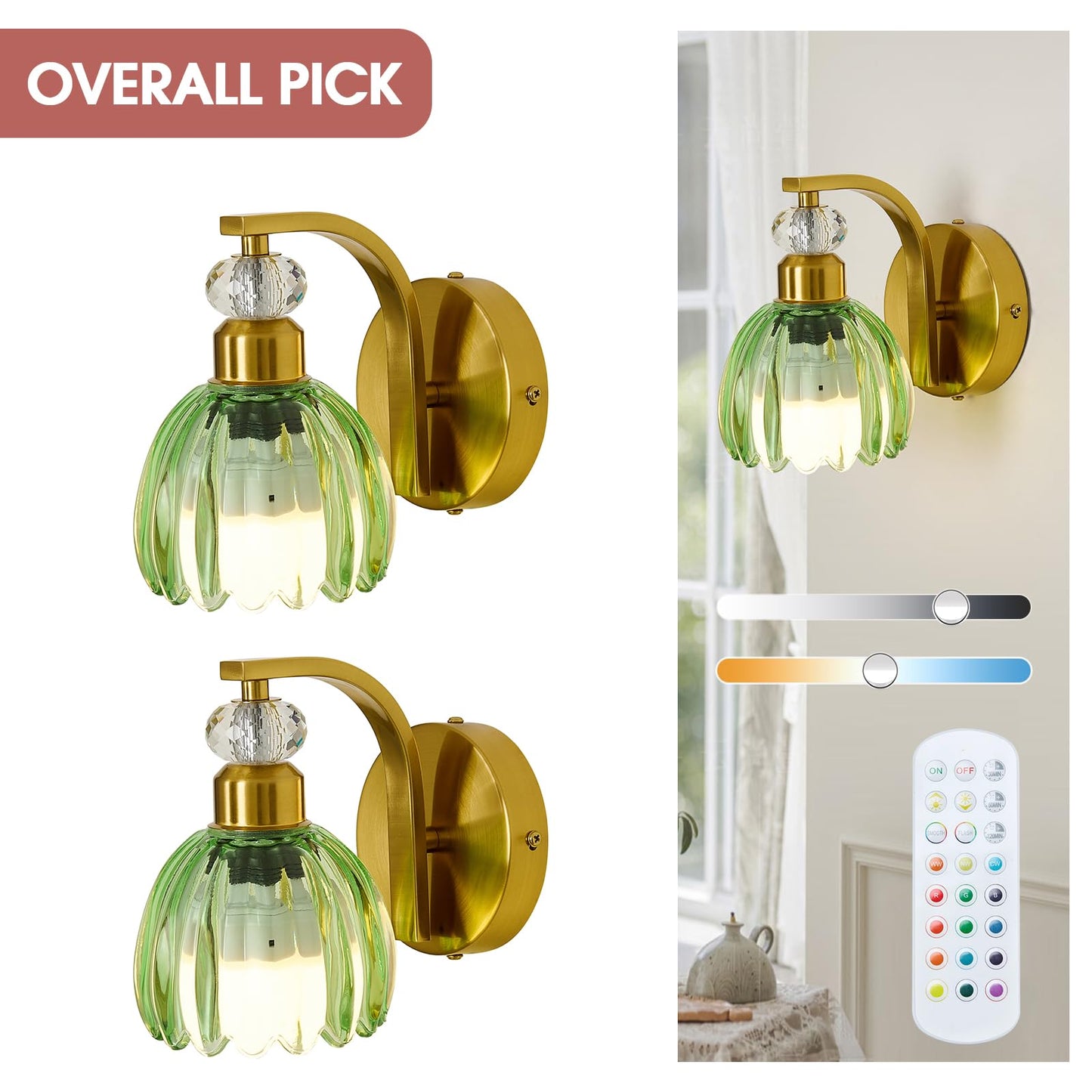 Qgiytp Vintage Gold Wall Sconce Set of 2, Dimmable, Rechargeable with Green Tulip Glass Lampshade, Iron, Model U-3063