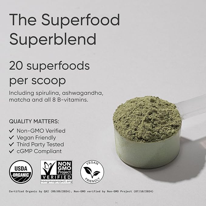 Sports Research® Organic Greens Superfood Powder w/Spirulina & Chlorella, Adaptogens, Enzymes, Probiotics & 8 VIT Bs & Creatine Monohydrate & Collagen eptides, Unflavored, Hydrolyzed Type 1 & 3