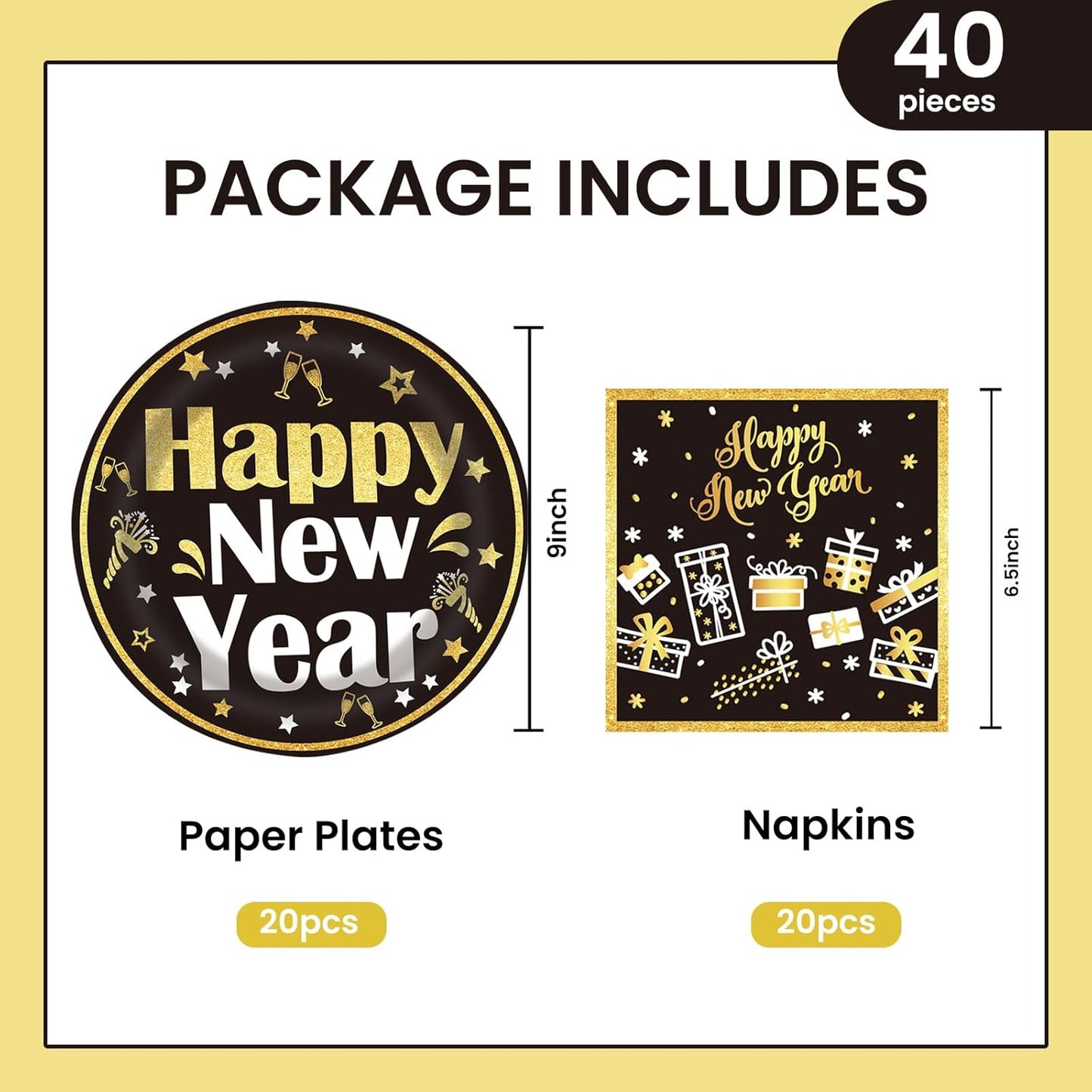 40PCS Happy New Year Paper Plates and Napkins Party Supplies, Disposable New Year Party Plates and Napkins Tableware Set for 2025 New Years Eve Party Decorations Serves 20 Guests (New Year)