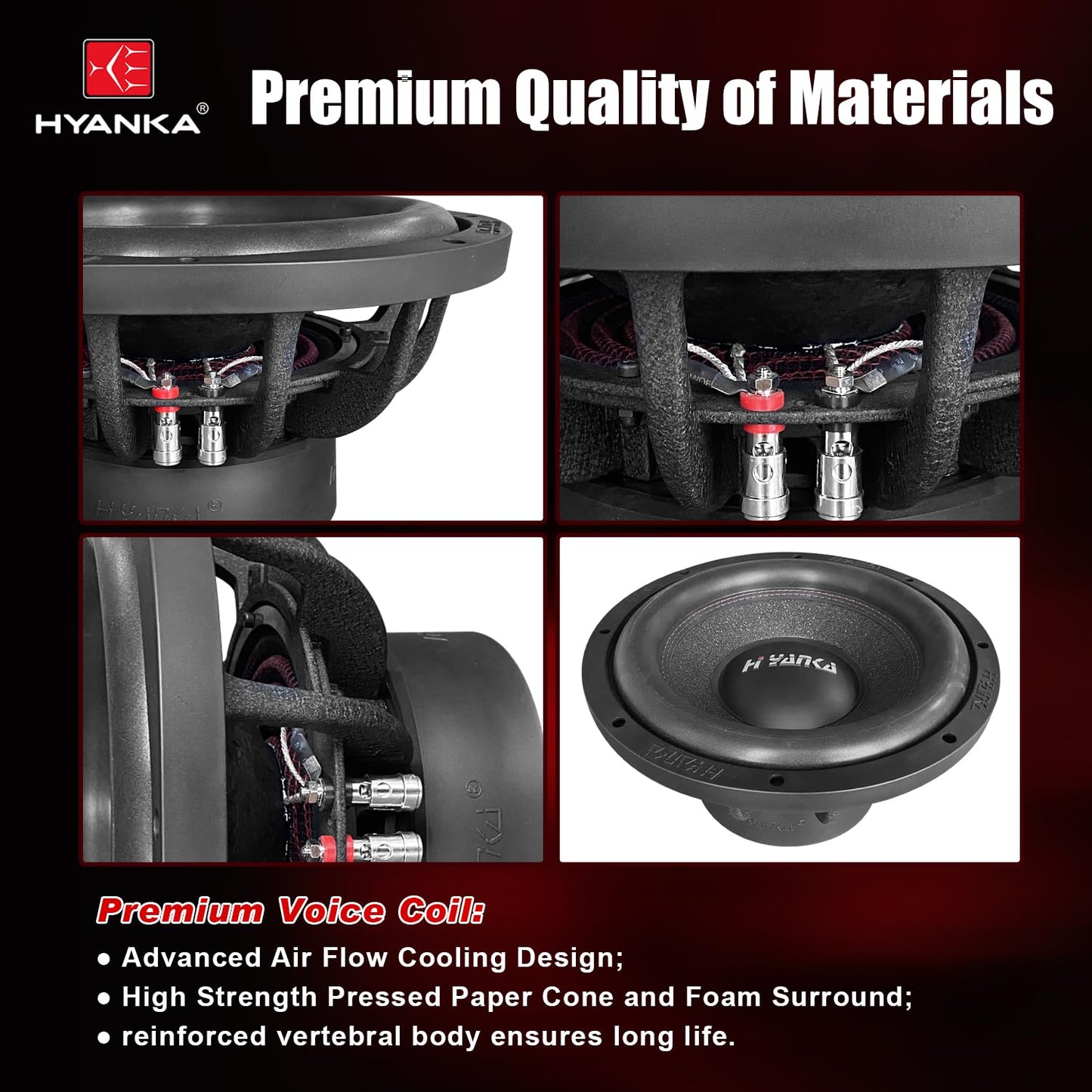 H YANKA 12 Inch Subwoofer - 1800W MAX, 2.5" Dual Voice Coil, Aluminum, Reddish Black