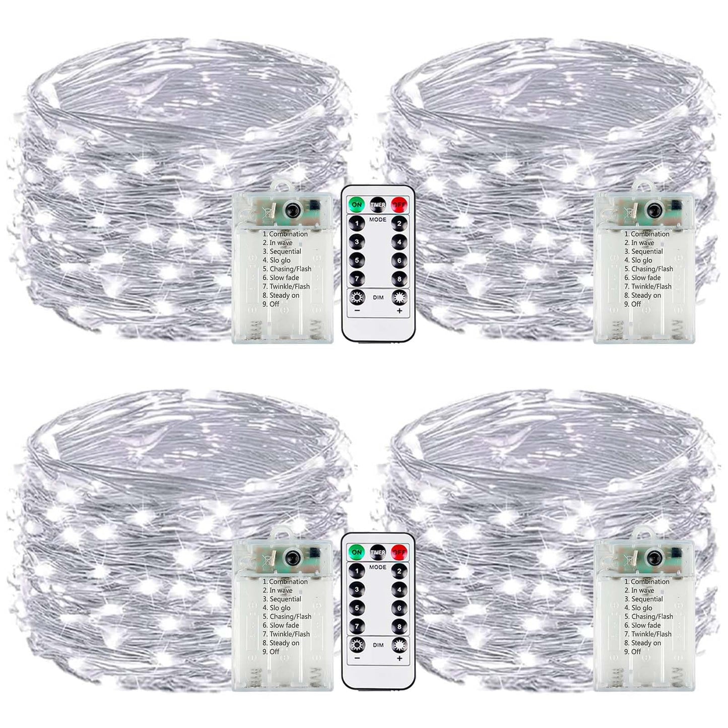 EXF 4-Pack Fairy Lights, 50 LED, Battery Operated, Remote & Timer, Waterproof, 16 FT, Cool White, Model YHY-BO50LED