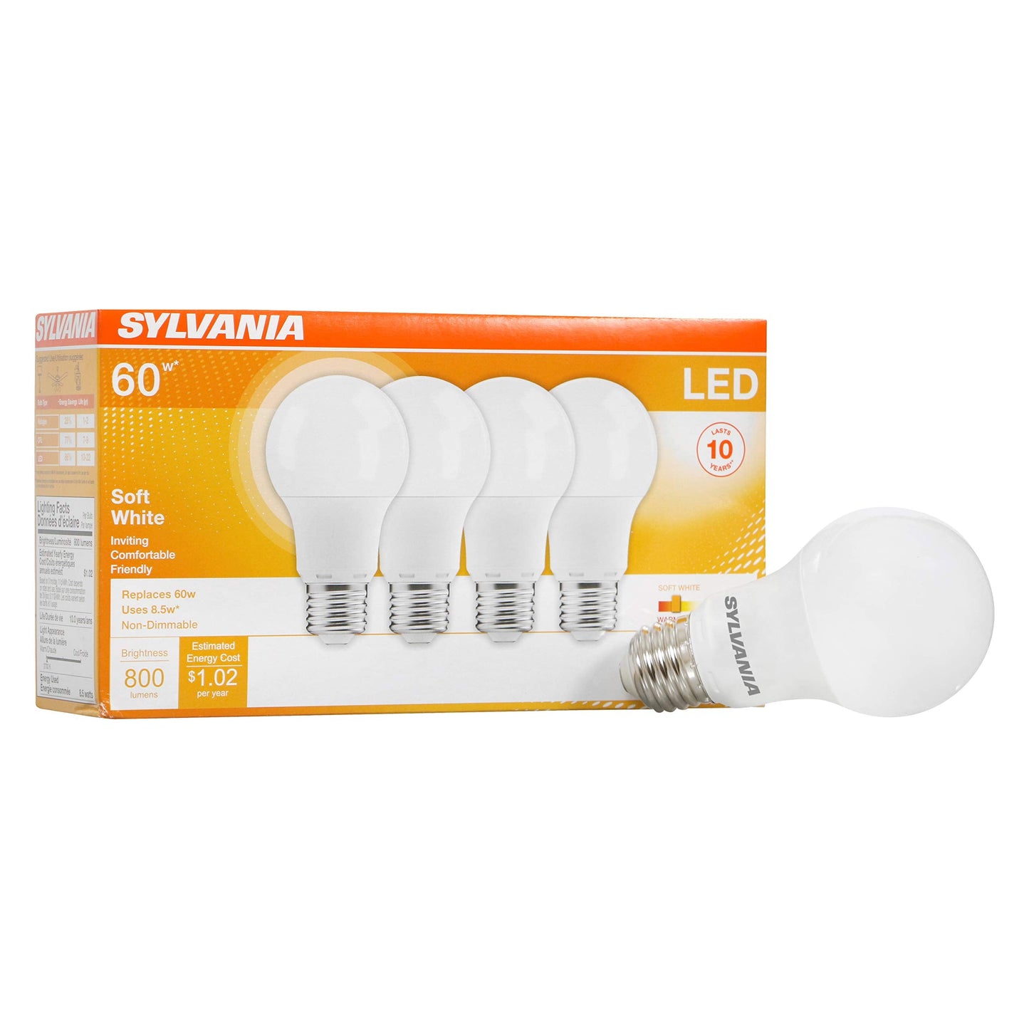 Ledvance Sylvania Led A19 Light Bulb, 60W Equivalent, Soft White, 8.5W, 4 Pack, Medium Base, Model 73888