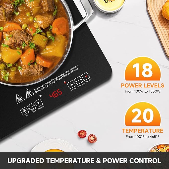AMZCHEF Portable-Induction-Cooktop-2-Burner-ETL-Certified: 18 Power & 20 Temperature Levels Induction Burners 1800W, Independent Control,10-hour Timer, Safety Lock, Low Noise Electric Cooktops