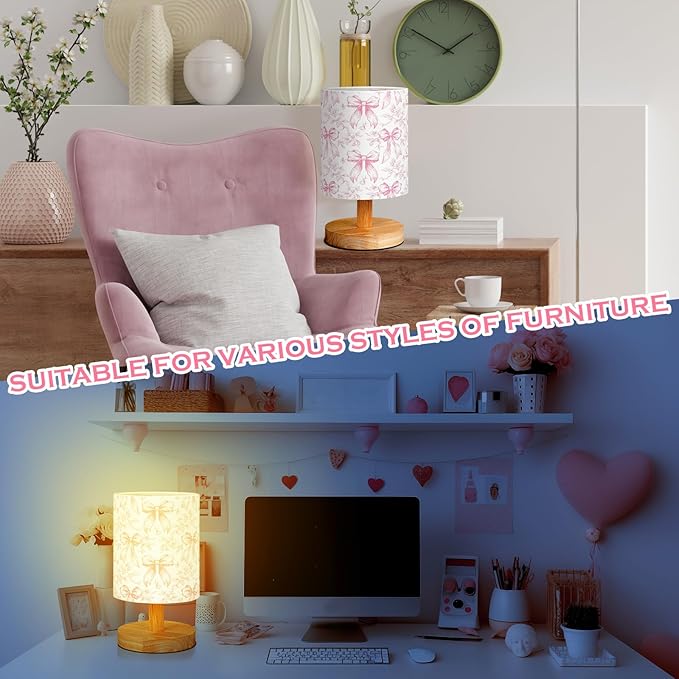 VIHOSE Floral Bow Kids Table Lamp for Bedroom Kids Bedside Lamp with Linen Wooden Nightstand Cartoon Nursery Lampshade for Girls Boys Living Room