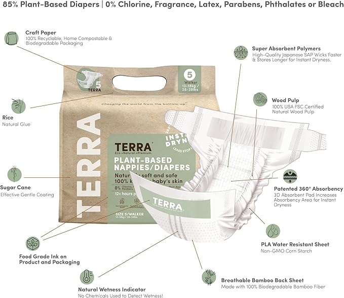 Terra Size 5 Plant-Based Diapers: Ultra-Soft & Chemical-Free for Sensitive Skin, Superior Absorbency for Day or Night, 128 Count