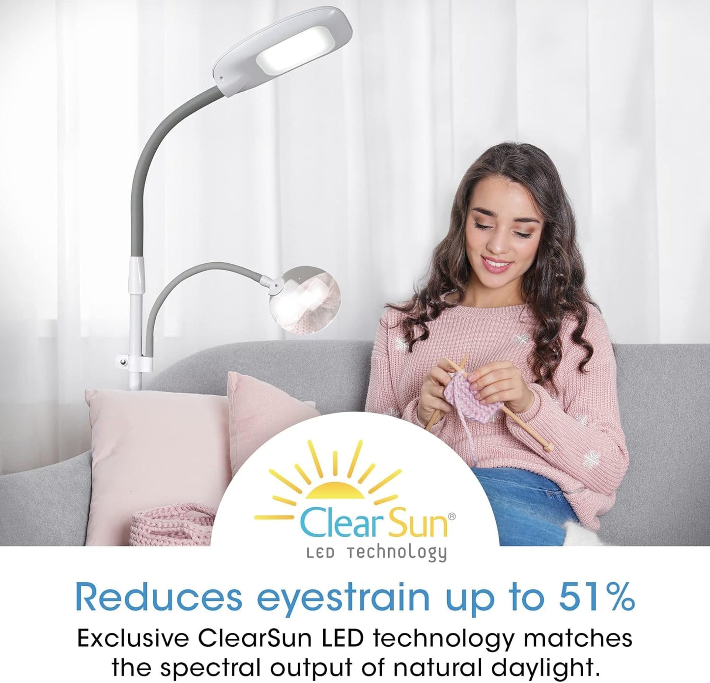Ottlite Led Floor Lamp With Optical Grade Magnifier - Clearsun Led Technology - 3 Brightness Settings  Adjustable Arm & Touch Sensitive Controls - Great For Sewing Table  Crafting  Home & Office