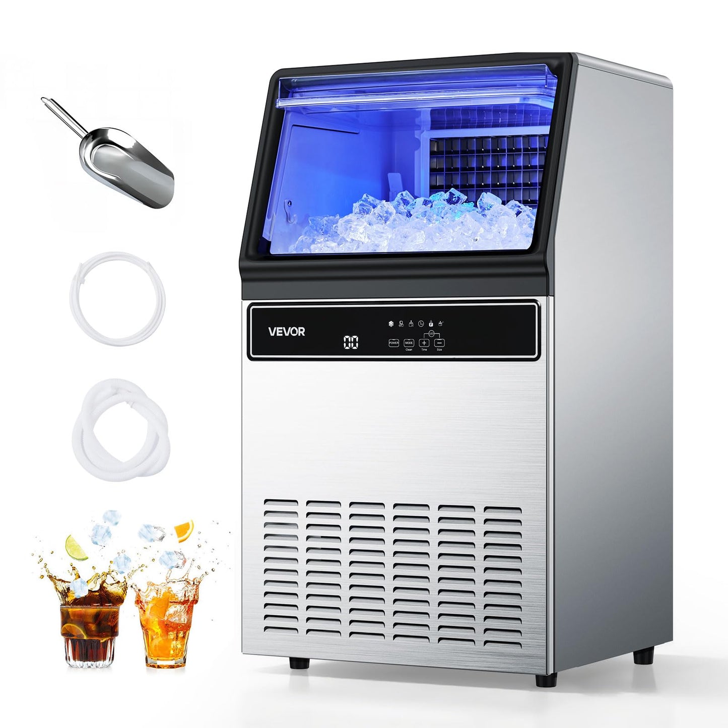 Vevor Commercial Ice Maker Machine, 130Lbs/24H With 33Lbs Storage, 45 Cubes Per Cycle, Stainless Steel Freestanding & Under Coun