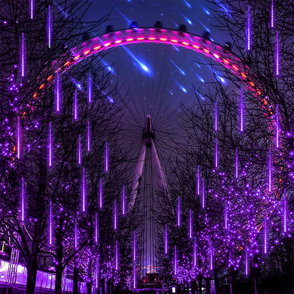 Aukora Led Meteor Shower Lights, 11.8In Purple Rain Drop Lights, 144 Leds For Xmas Party, Holiday, Garden Decoration