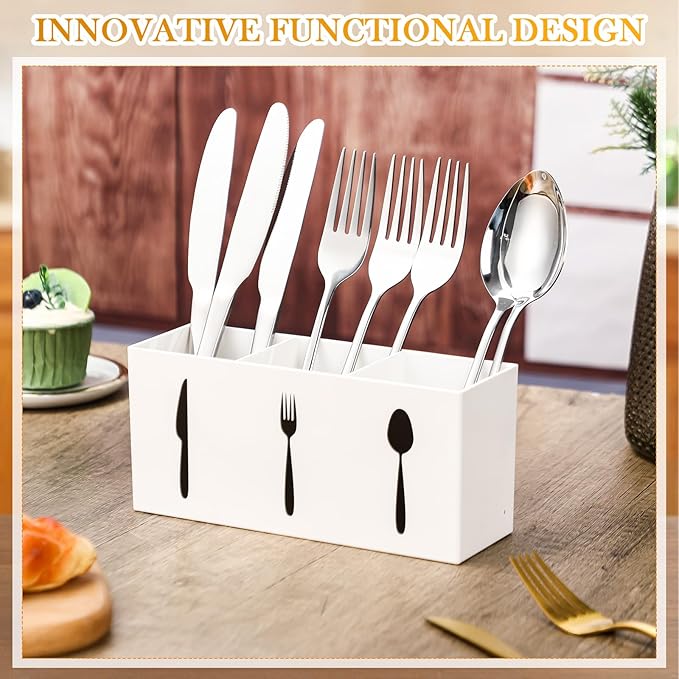 Suzile Acrylic Cutlery Storage Organizer Bin Silverware Caddy Countertop Knife Spoon and Fork Holder Kitchen 3 Section Tableware Storage Box for Cabinet Indoor Home Flatware Dining Room (White,M)