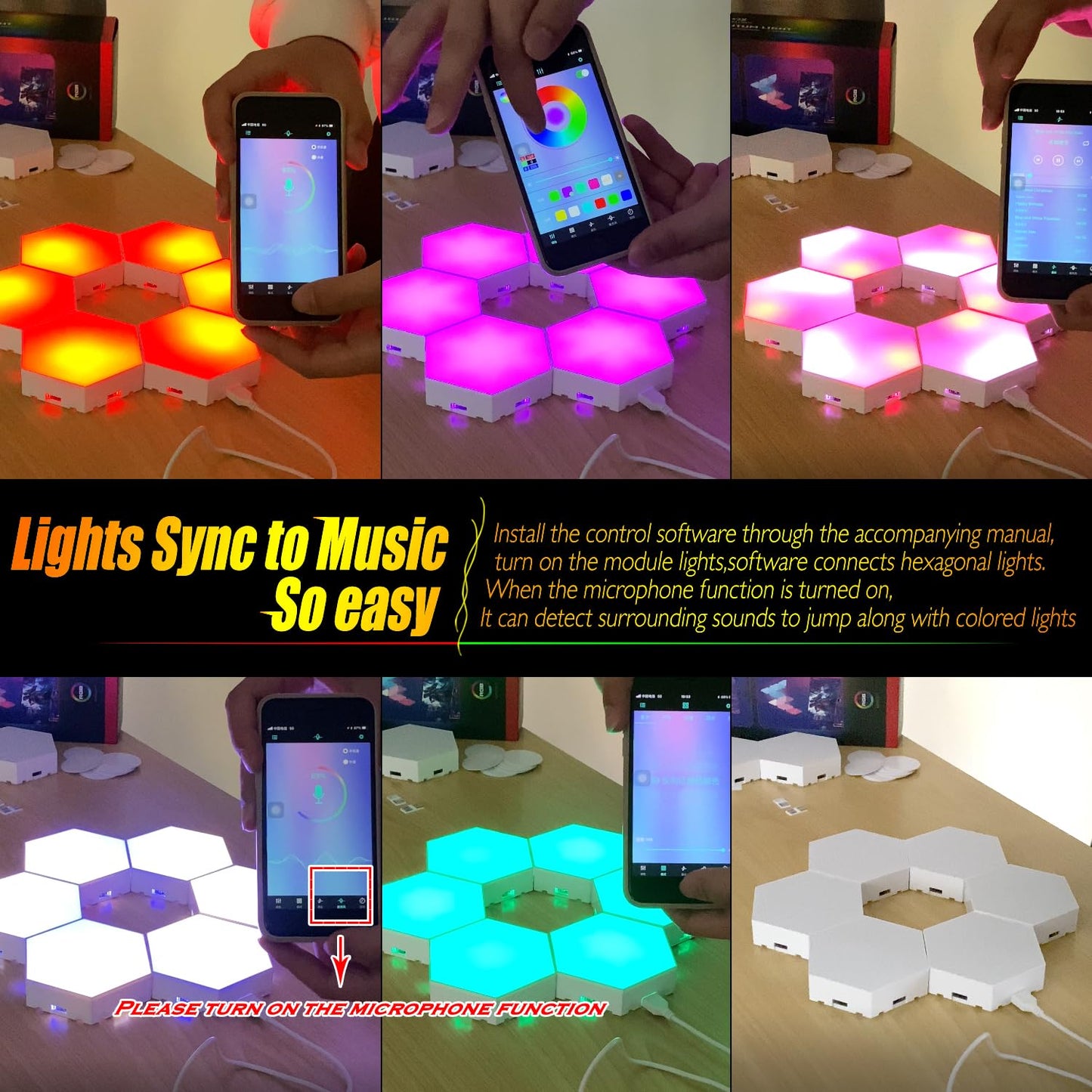 EXQSERAMC Smart RGB Modular Hex Light Panels LED Splicing Hexagon Bright Mood Wall Lamp Music Sync Creative DIY Geometric Gaming Lights Honeycomb Shape Panel