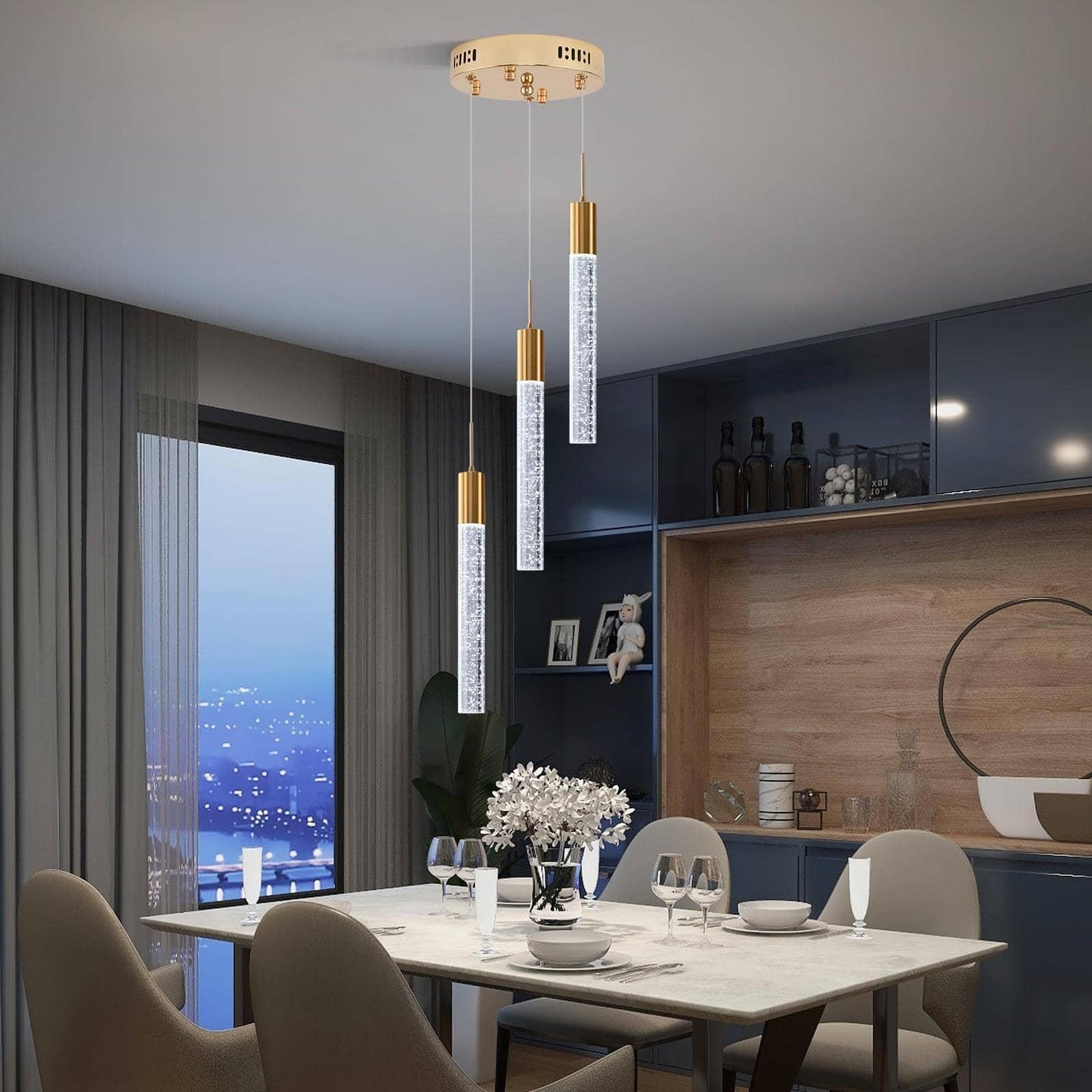 Upfelw Modern Crystal Chandelier 3-Lights  Spiral Led Raindrop Kitchen Island Pendant Lighting  Bubble Foyer Dinimg Room Hanging Light Fixture Remote Control Gold