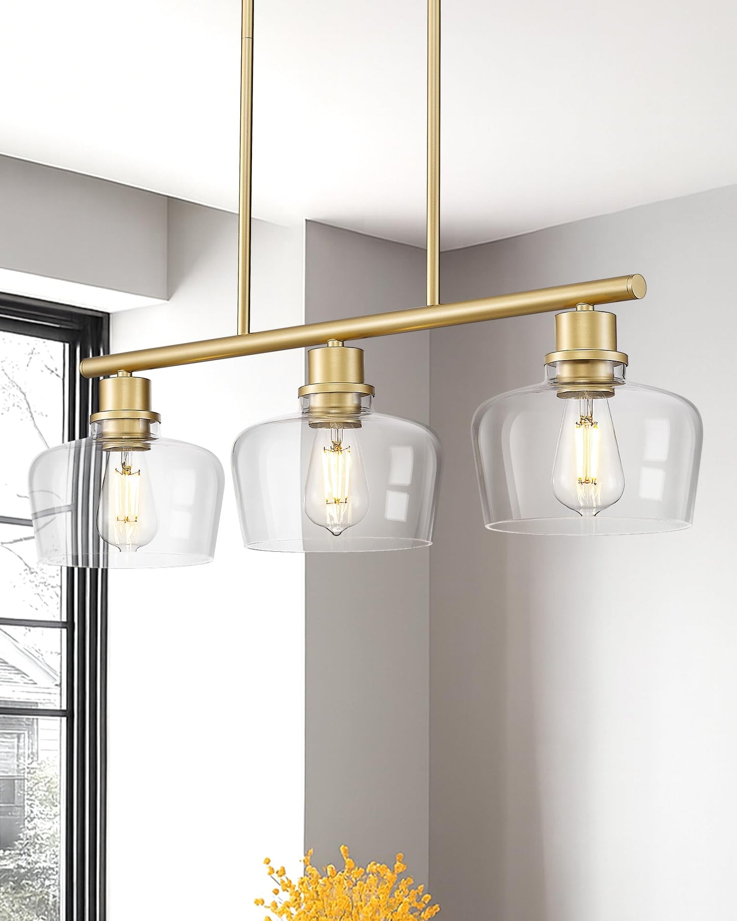 Emak Gold Kitchen Island Lighting  3-Light Dining Room Light Fixtures Over Table With Clear Glass Shade  Modern 32 Inch Island Lights For Kitchen  Dining Room  Bar  Il122-Gd-Cg-3