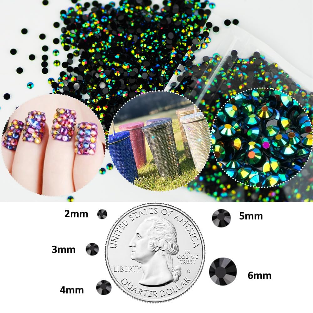 22000 pcs Black Bottom Green AB Resin Rhinestones for Crafts, 5mm 4mm 3mm Bulk Non-Hotfix Pure White Gems Stones Diamonds SS20 S