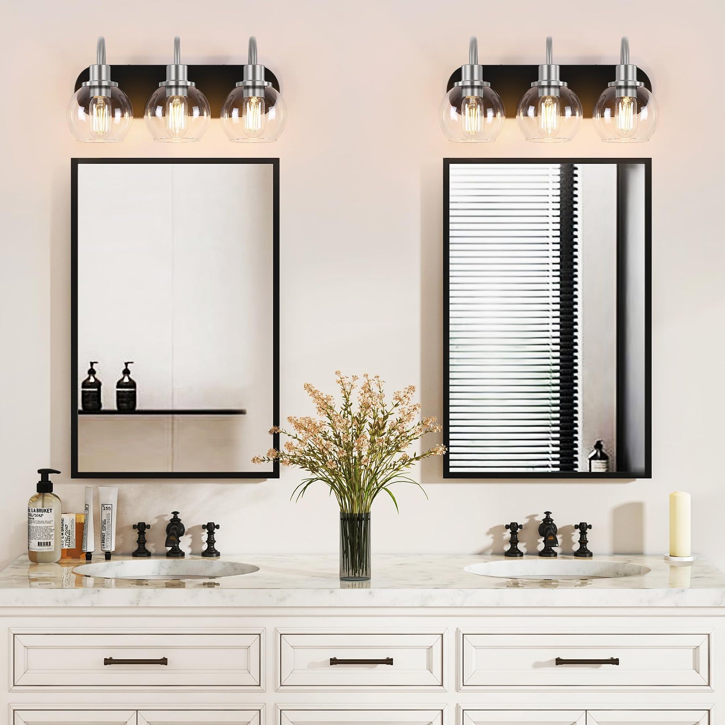 Dpyrrhic 3-Light Bathroom Vanity Light Fixture, Metal In Matte Black & Brushed Nickel, Modern Design With Clear Glass Shade