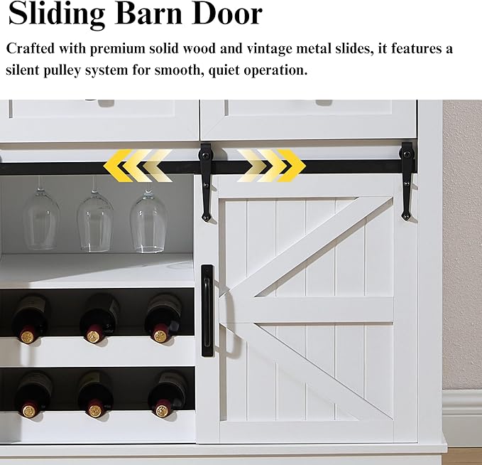 Farmhouse Bar Cabinet with Wine Rack 54" Coffee Buffet Cabinet with Sliding Barn Doors, Adjustable Shelves Rustic Kitchen Cabinets with 3 Drawers for Dining Room, Black with White