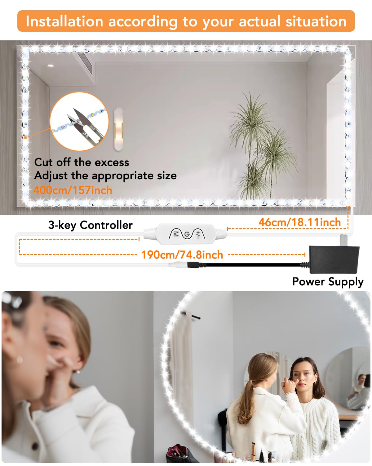 Daymeet LED Vanity Lights Kit, 13ft Dimmable Color, APP Control, Multi-white, Model BT09