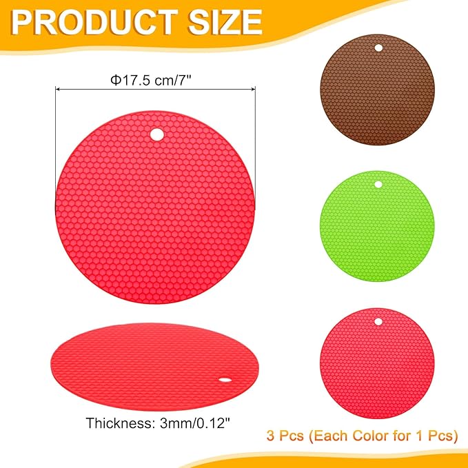 uxcell 3pcs Silicone Jar Opener Pads, 17.5cm/7" Texture Can Opener Multipurpose Round Bottle Lid Opener Non-Slip Coasters for Weak Hands Seniors Children, Red, Brown, Green