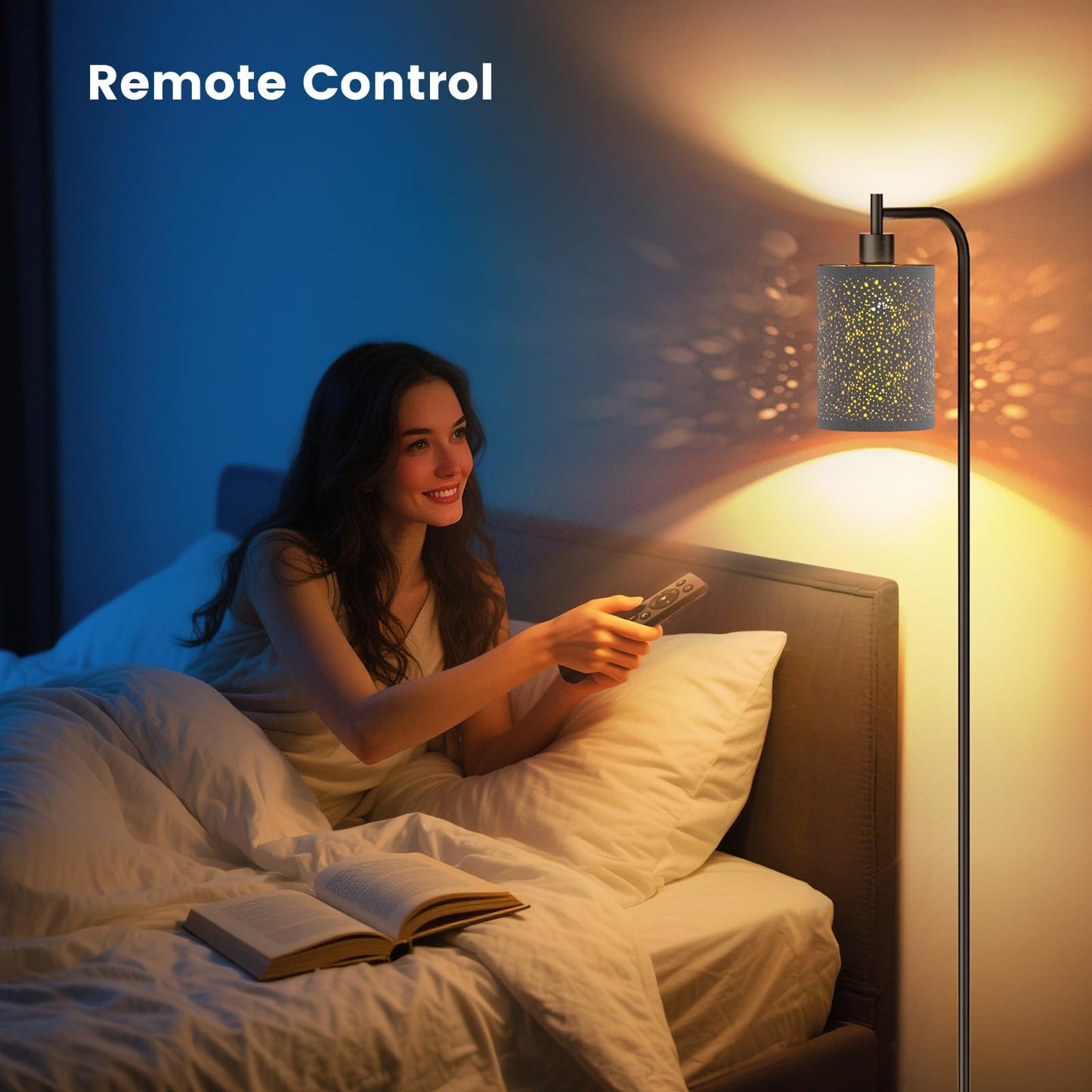 SIBRILLE Floor Lamp - Dimmable with Remote Control, 3 Color Temperatures, Metal, Starry Sky, Model BP-F072, 9W LED Bulb Included