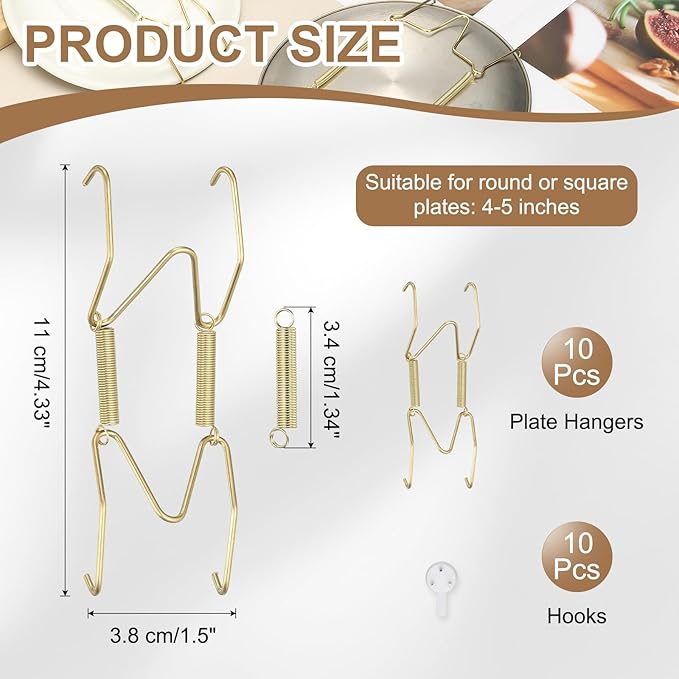 uxcell 10pcs Plate Hanger, 4 to 5 Inches Universal Stainless Steel Invisible Plate Hangers for The Wall W-Shaped Holder with Traceless Nail for Decorations, Golden