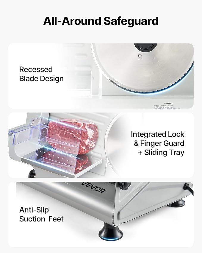 VEVOR Meat Slicer, 8.6 inch 200W Electric Deli Slicer Machine with two SUS420 Blade, 0-0.6 inch Adjustable Thickness, ETL Certified Home Food-Slicer for Meat, Ham, Baguett, Steak
