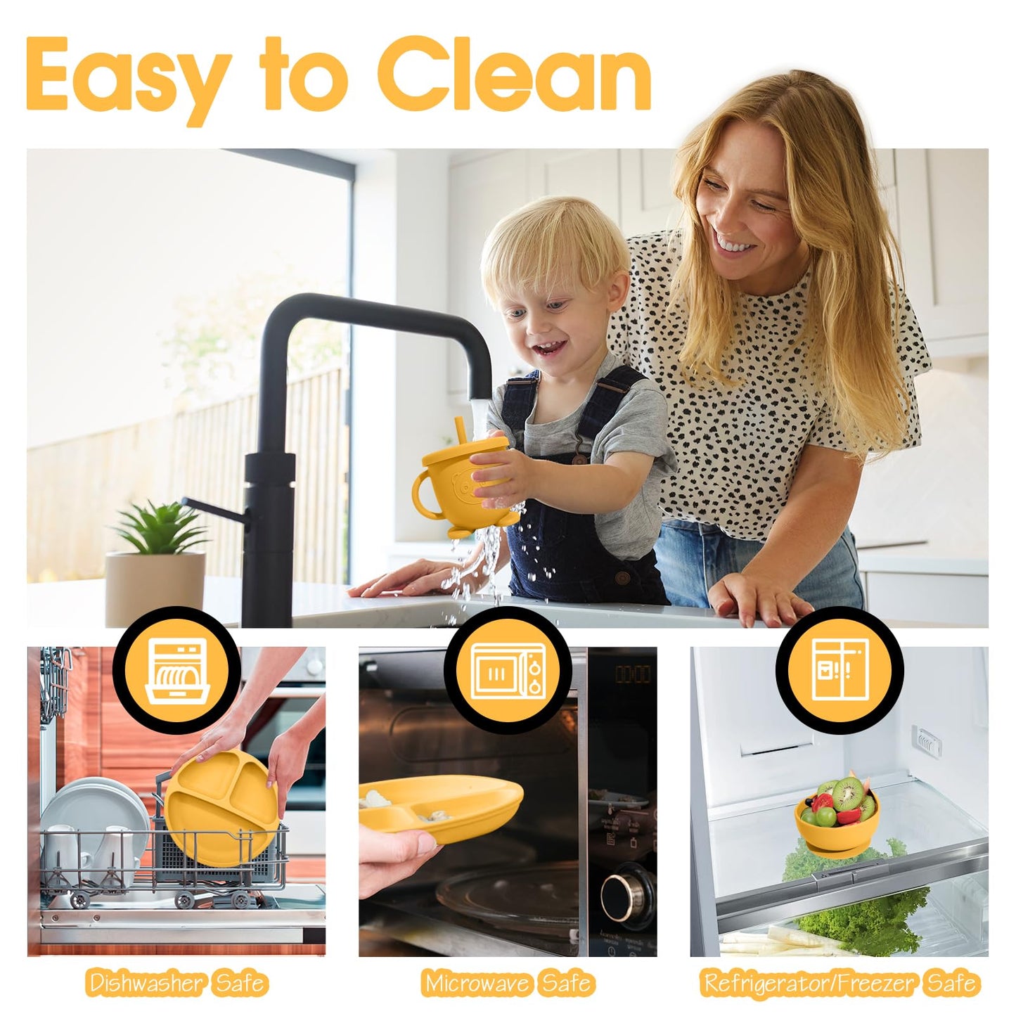 Baby Led Weaning Supplies, 17 Piece BPA-Free Silicone Feeding Set, Eating Essentials Baby Utensils with Suction Plate and Bowl, Pocket Bib, Sippy Cup with Lid, for 6+ Months, Yellow