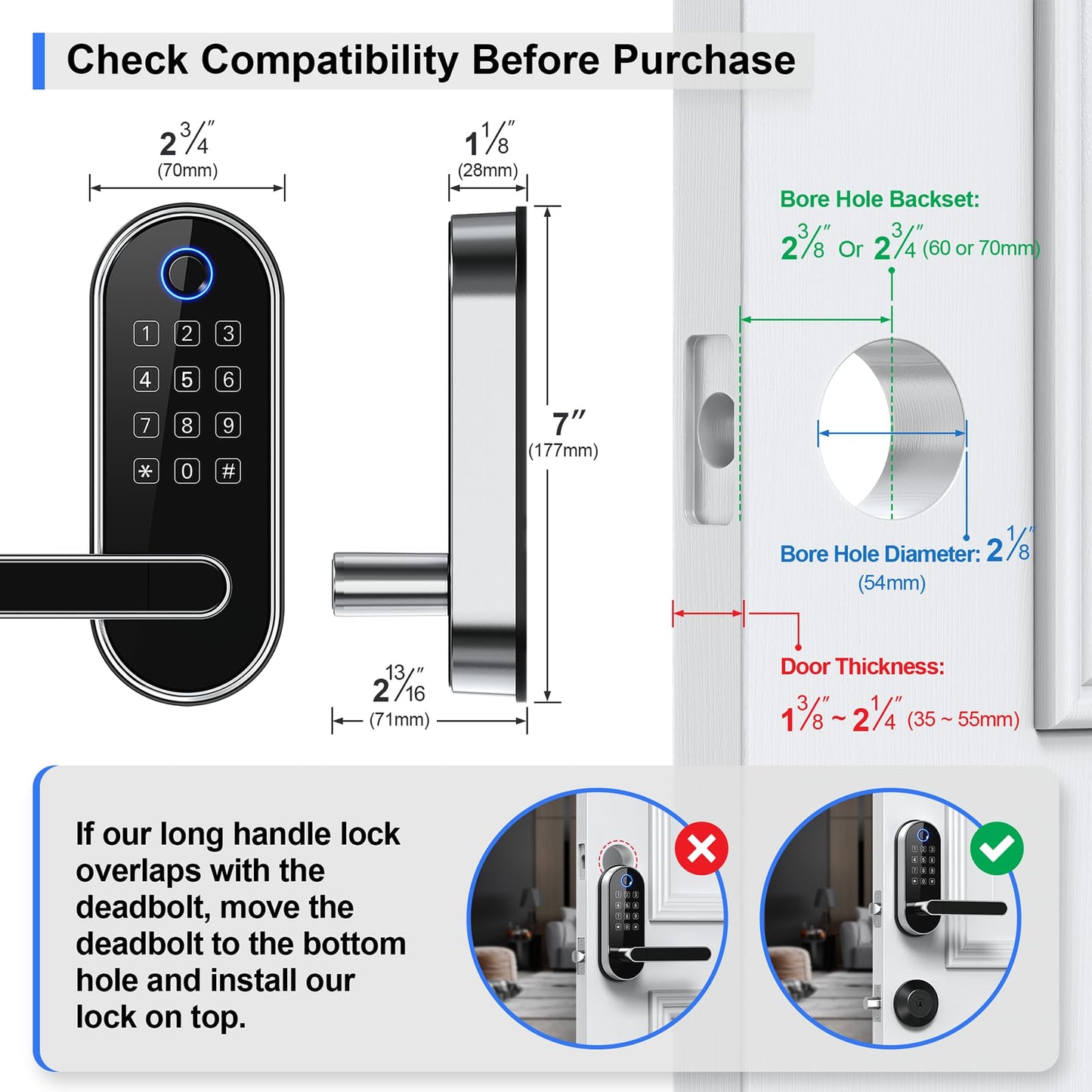 Keyless Entry Fingerprint Smart Lock with Handle & Keypad: Electronic/Electric Digital Lock with Code/Passcode, Biometric Deadbolt Door Knob for Front Door, Bedroom, Interior or Exterior Use (Silver)