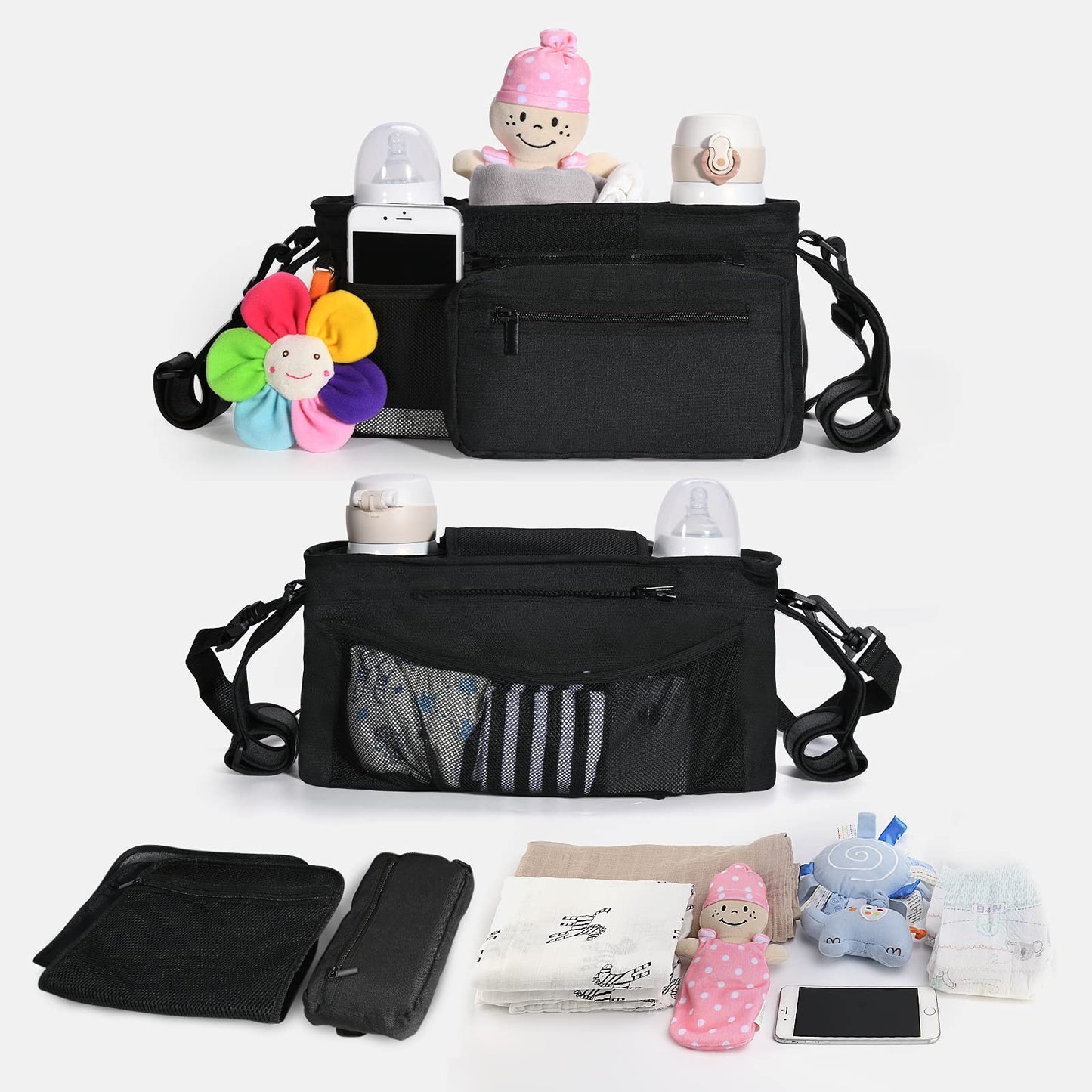 Momcozy NON-SLIP Universal Stroller Organizer | Insulated Cup Holder | Detachable Phone Bag & Shoulder Strap | Fits Uppababy, Baby Jogger, Britax, BOB, Umbrella and Pet Stroller