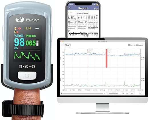 EMAY Sleep Oxygen Monitor with PC Software & App | Bluetooth Pulse Oximeter Rechargeable for Overnight & Continuous SpO2 T...