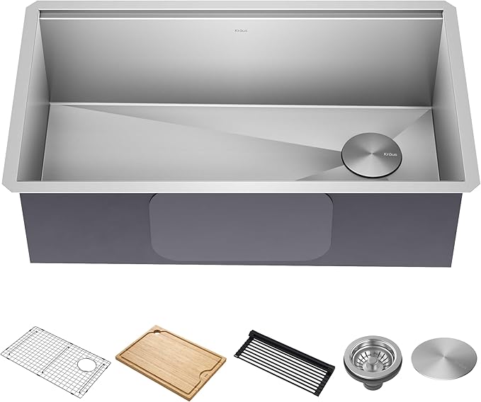 Kraus KWU110-32 Kore inch Undermount 16 Gauge Single Bowl Stainless Steel Kitchen Integrated Ledge and Accessories (Pack of 5), 32 Inch, 32"-Workstation Sink