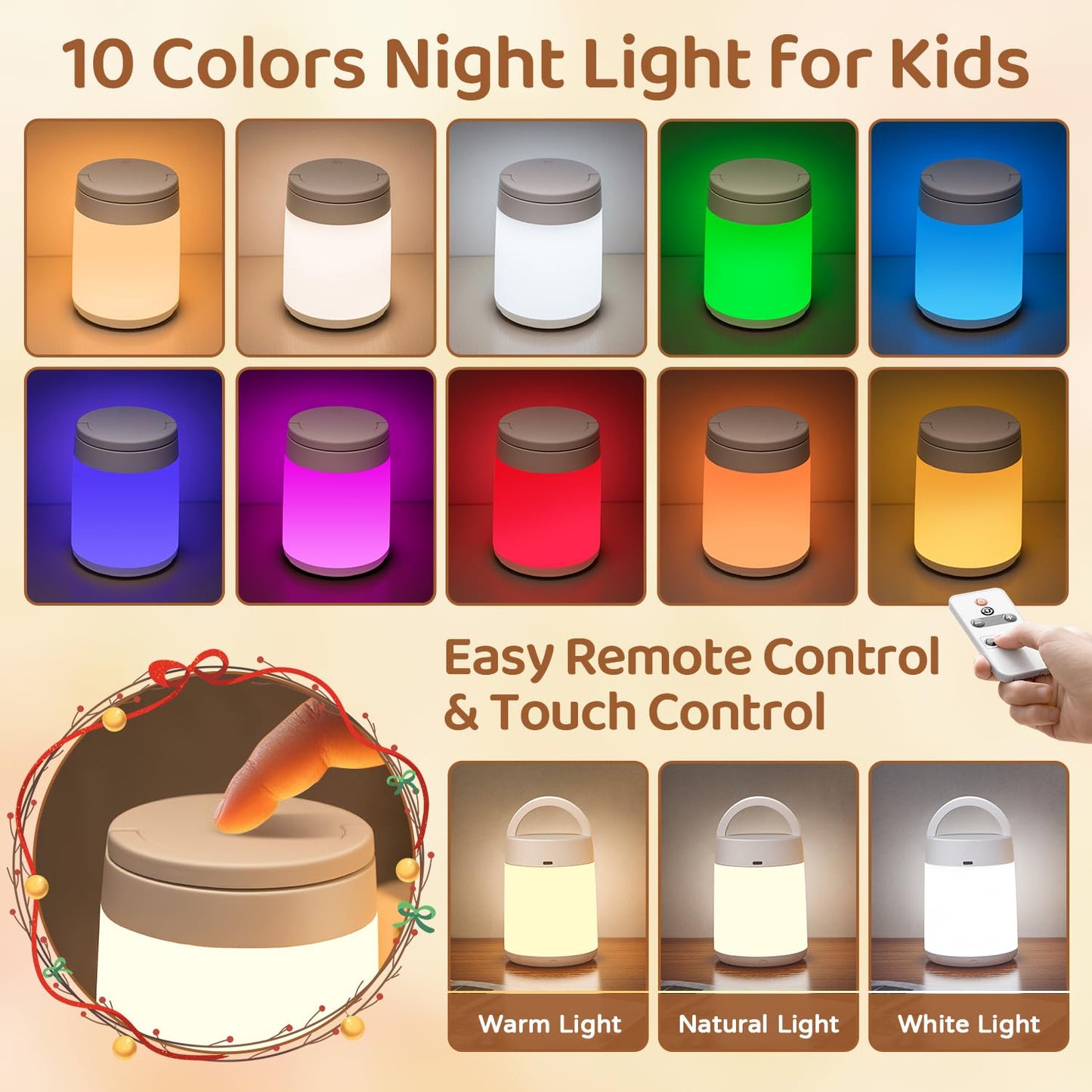 One Fire Kids Night Light, Dimmable 10 Colors, Rechargeable Portable Lamp, Remote+Timer, Small Touch Lamp, Baby Night Light
