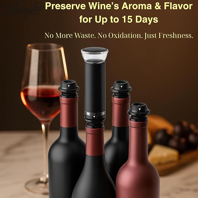 Wine Vacuum Pump & 4 Reusable Stoppers – Airtight Wine Preserver Set Keeps Wine Fresh Up to 15 Days – Manual Wine Saver Bottle Sealer Kit & Gift for Wine Lovers (Black)