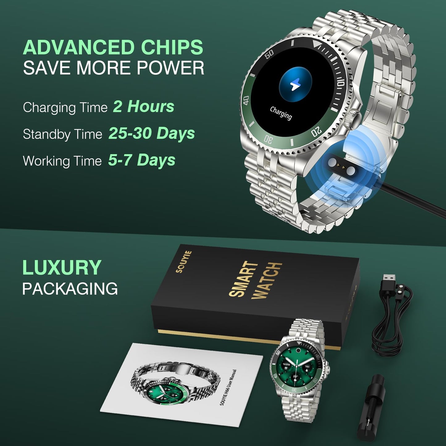 2025 DA GPT Smart Watch for Men, Heart Rate, Blood Pressure, Blood Oxygen, Sleep Monitor, 107 Sports Modes, 1.19-inch AMOLED Display, Waterproof Round Watch, Compatible Android iOS Silver Green
