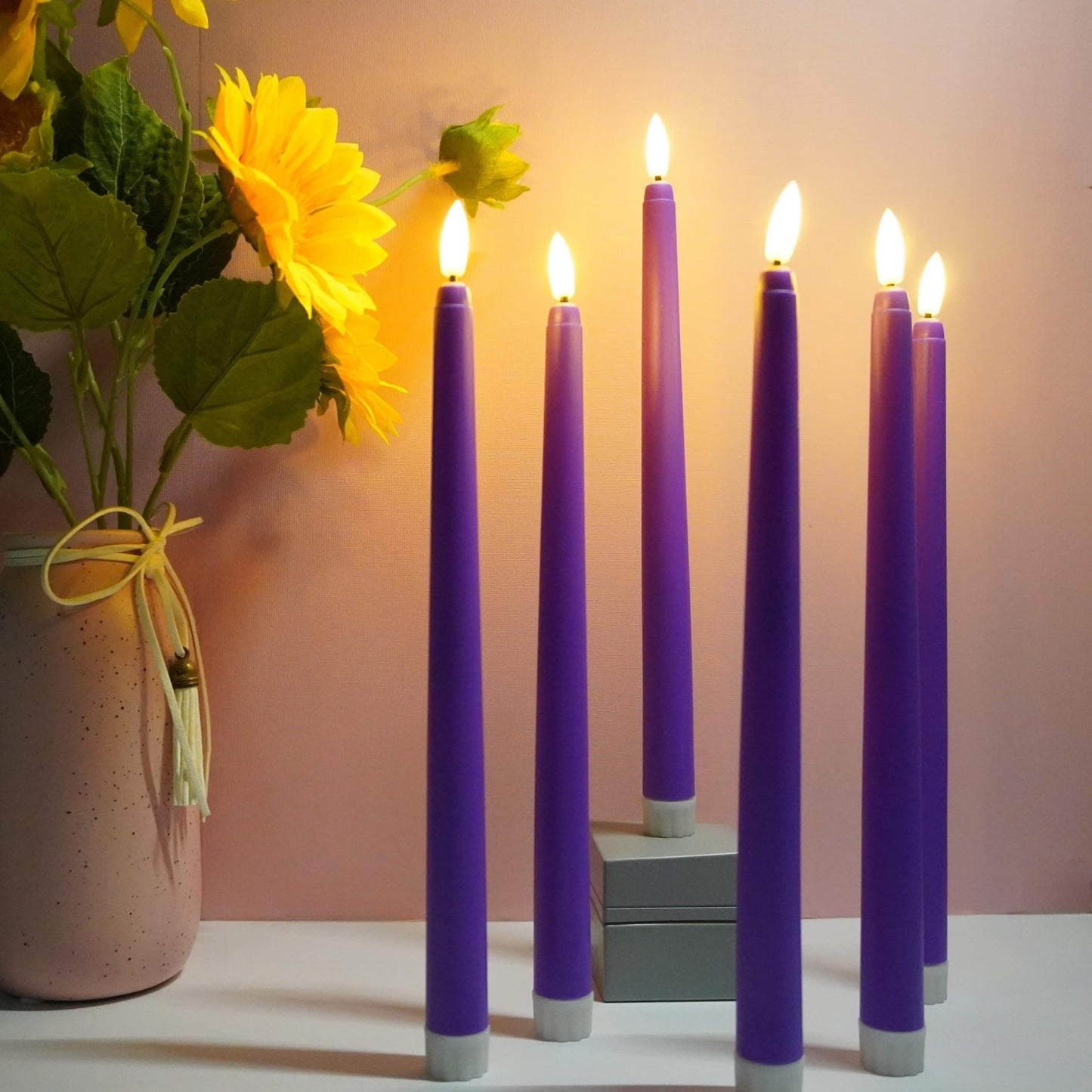 Ni-JASW Purple Flameless Taper Candles with Remote, Flickering Christmas LED Candlesticks Battery Powered Set of 12
