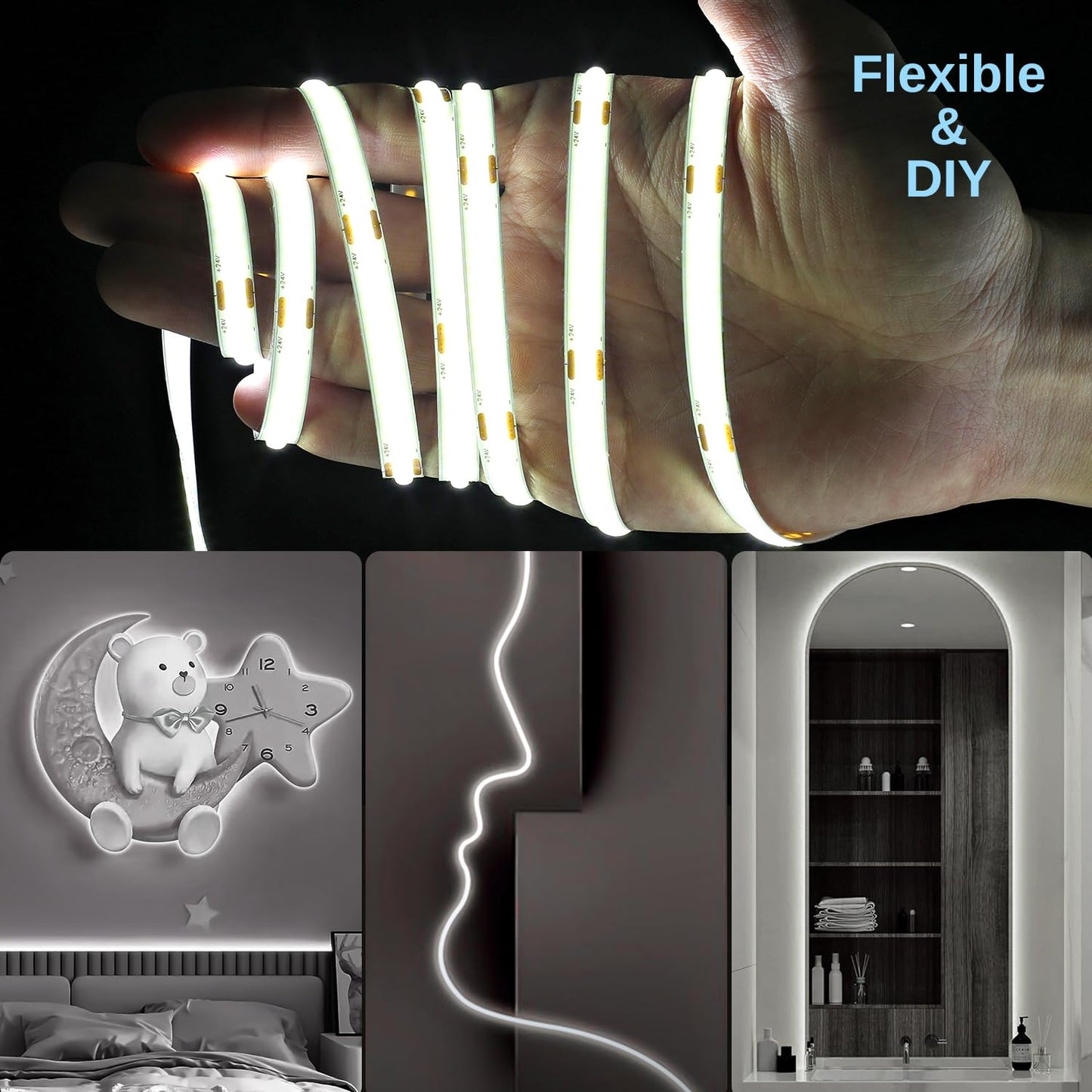 Wefomey COB LED Strip Light, 65.6ft Dimmable 6500K Daylight White, Flexible Plastic Tape, Model WF-COBCW-10M