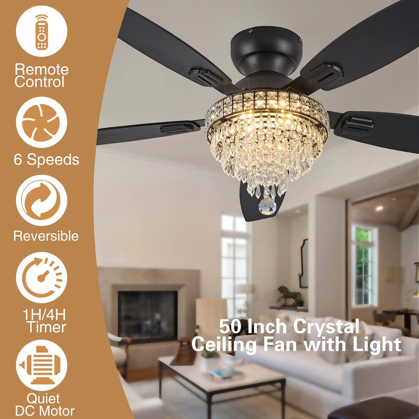 Fanyank Crystal Ceiling Fan with Lights, 50in Low Profile, Remote Control, Iron, Black